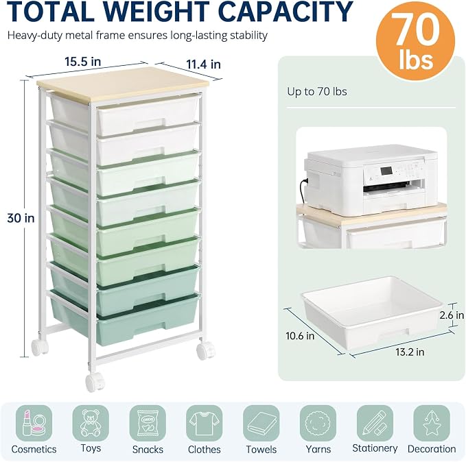 Delamu Rolling Storage Cart with 8 Drawers, Utility Craft Storage Cart | Storage Drawers Cart with Wooden Tabletop and Lockable Casters for Classroom Office Dorm Craft Art Supplie, Green
