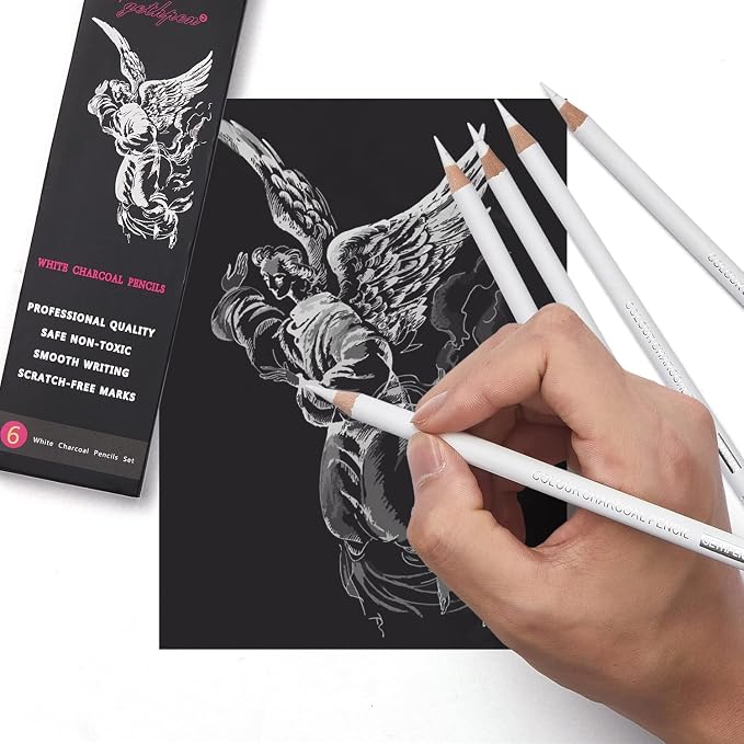 GETHPEN White Charcoal Pencils Set, Sketch High-light Pencils, 6 Pieces | White Charcoal Sketch Pencils, White Chalk Pencils for Drawing, Sketching, Shading, Blending, Beginners & Artists