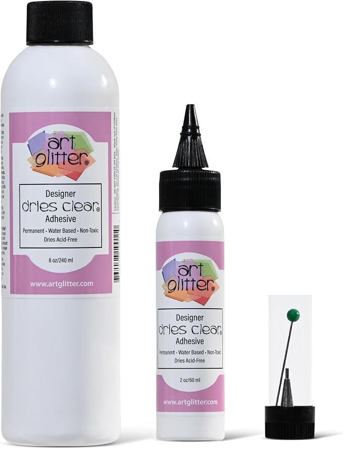 Art Institute Glitter Dries Clear Glue Kit, 8oz & 2oz with Metal Tip & Pin | Precision steel applicator, Smooth fine line flow, Anti-clog tool, Tailored for intricate detail work, Permanent bond