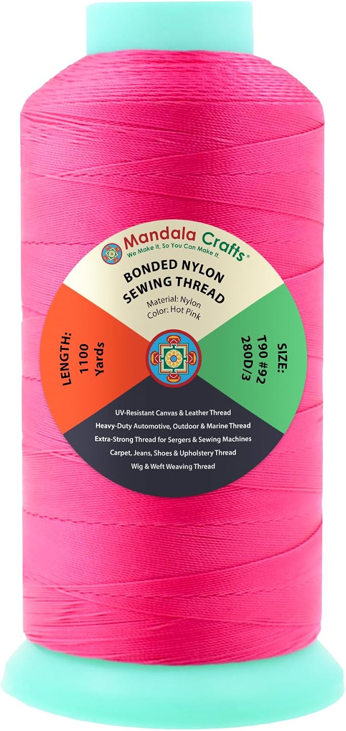 Mandala Crafts Size 92 280D T90 Hot Pink Bonded Nylon Thread, 1100 YDs