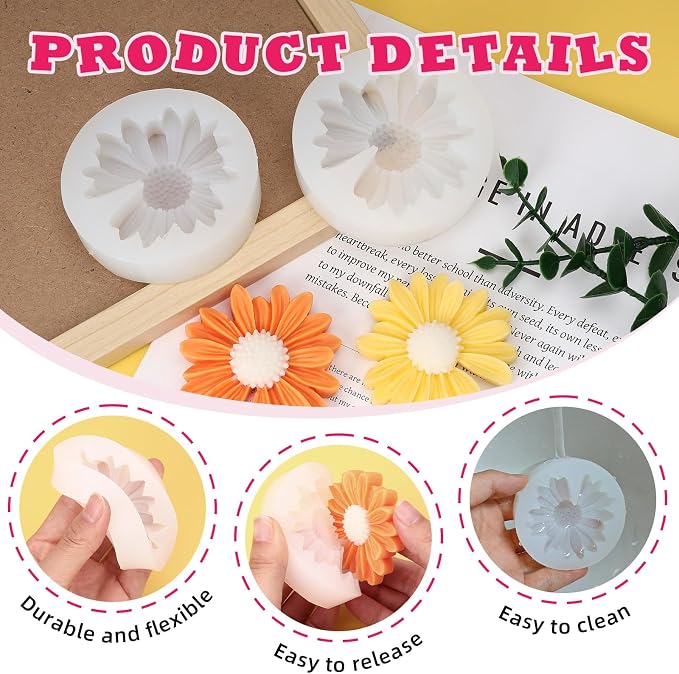 2 PCS Daisy Flower Silicone Molds, Chrysanthemum Resin Candle Molds, 3D Flower Fondant Mold for DIY Cake Chocolate Soap Wax Clay Craft Decoration (Daisy)