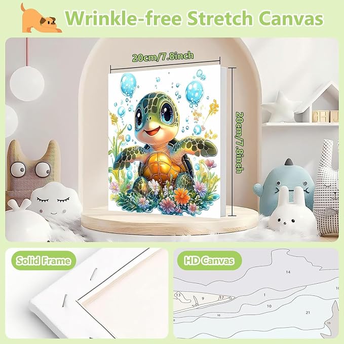 cviokrdu Turtle Paint by Numbers Kit for Kids with Frame - Wooden Easel, Sea Turtle Paint by Numbers for Kids Ages 4 8 12, Easy Acrylic Oil Painting Kits for Home Wall Decoration 8x8 inch