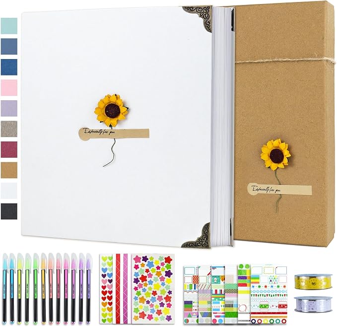 Vienrose DIY Scrapbook Photo Album Kit with Pens Tapes and Stickers 60 Pages Hardcover 12x12 Inches 3 Rings Removable Black Paper Scrapbooking for Lover Friends Kids Wedding White | 30 Sheets,Hardcover,3-Ring Removable White Paper,Pens,Tapes,Stickers,G...
