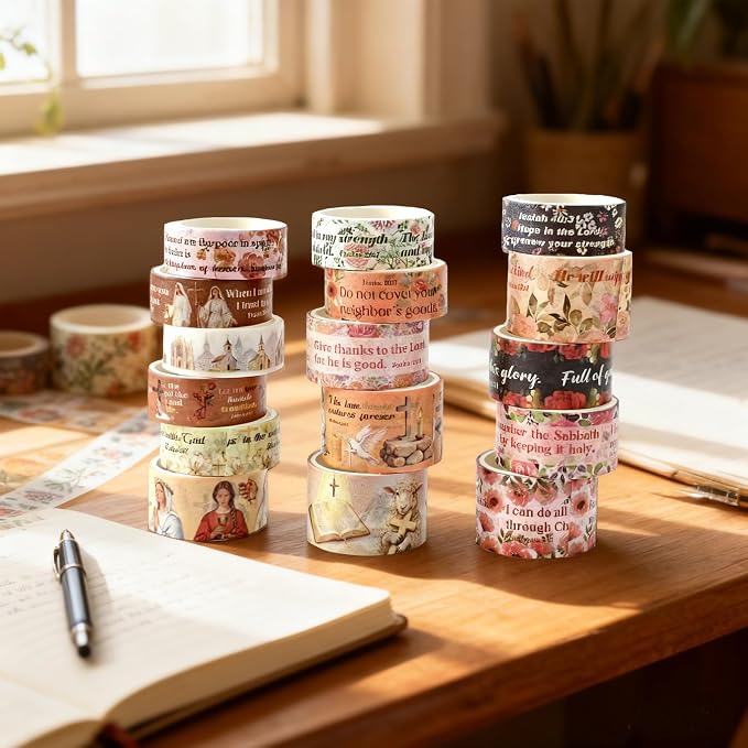 18 Rolls Vintage Washi Tape Set – Retro Floral & Bible Verse Designs for Scrapbooking, Journaling (Junk/Bullet/Bible) & DIY Crafts – Premium Archival-Grade Decorative Tape Gift for Crafters
