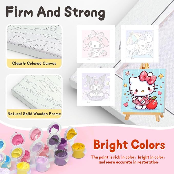 4 Pack Cartoon Paint by Numbers Kit for Kids with Frame - Wooden Easel | Cute Kids Paint by Numbers Ages 4 8 12, Easy DIY Acrylic Oil Painting for Gift Home Wall Decor (8x8 inch)