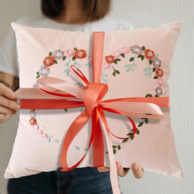 Crewel Pillow Case Embroidery Kit, Heart Shaped Loving You Floral Stamped Pattern Kits for Audlt Beginners, Works Crafts Throw Pillow Cover Great Gift for Loved Ones, 18 x 18'' (Coral)