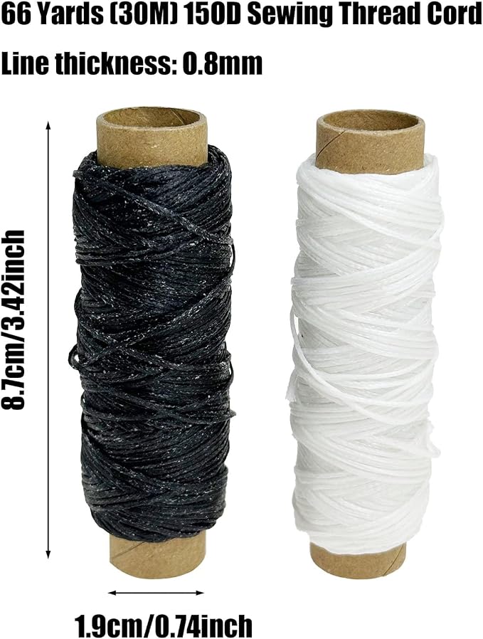 2 PCS Leather Sewing Waxed Thread, Each of 33 Yards 150D Sewing Thread Cord for Leather Craft DIY Supplies, Shoes Repairing, Black and White