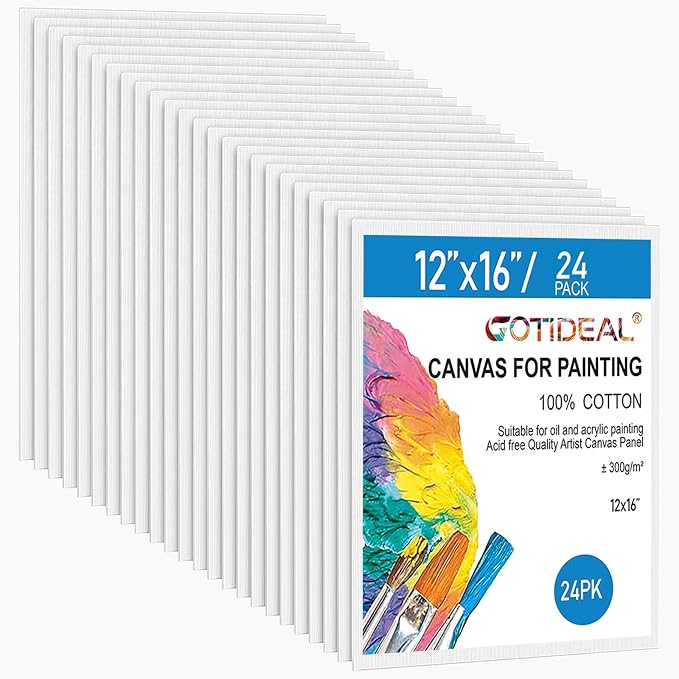 Gotideal Canvas Boards for Painting, 24pcs 12x16 Primed Canvas for Painting | Bulk Painting Canvas for Kids and Adults, White Blank Canvas Panels for Acrylic, Oil, Pour Art Supplies