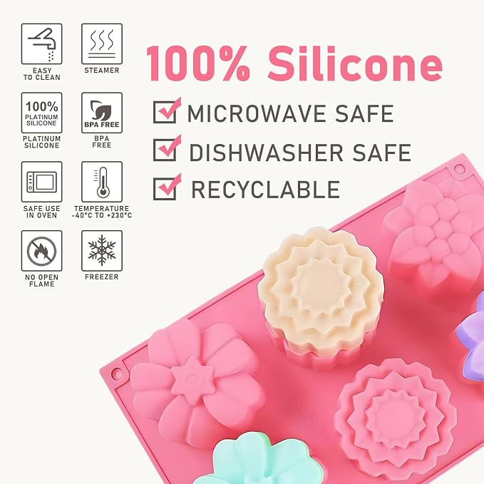 Silicone Soap Molds, different Cavities Soap Mold with Different Shapes, Perfect for Soap Making, Handmade Cake Chocolate Desserts Biscuit Pudding Teacake Jelly （3 Pack - Flower）