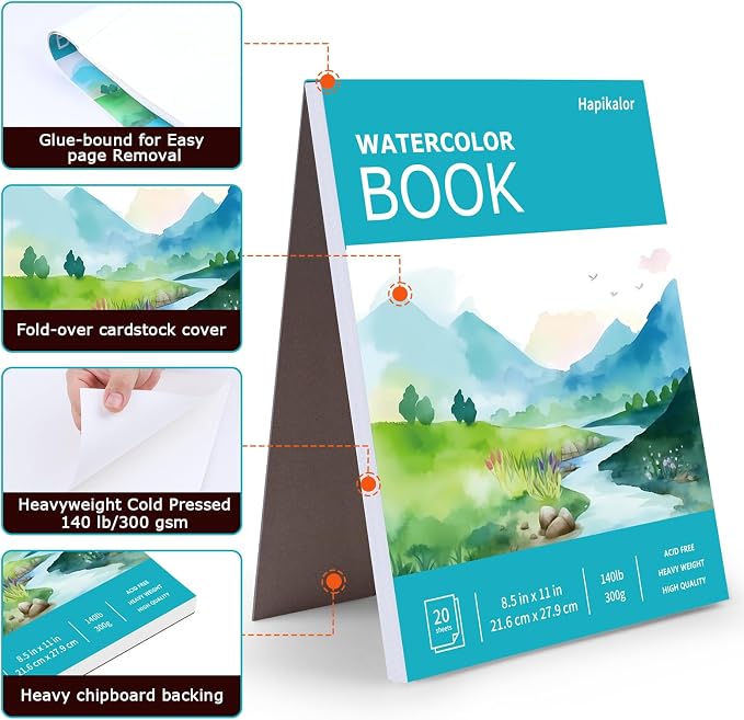 Hapikalor Watercolor Paper Pad, 8.5"x11" Water Color Paper, 140lb/300gsm | Artist Painting Drawing Paper Book, Art Supplies for Adults Kids, Watercolors, Watercolor Paint Set, Sketchbook, Teal