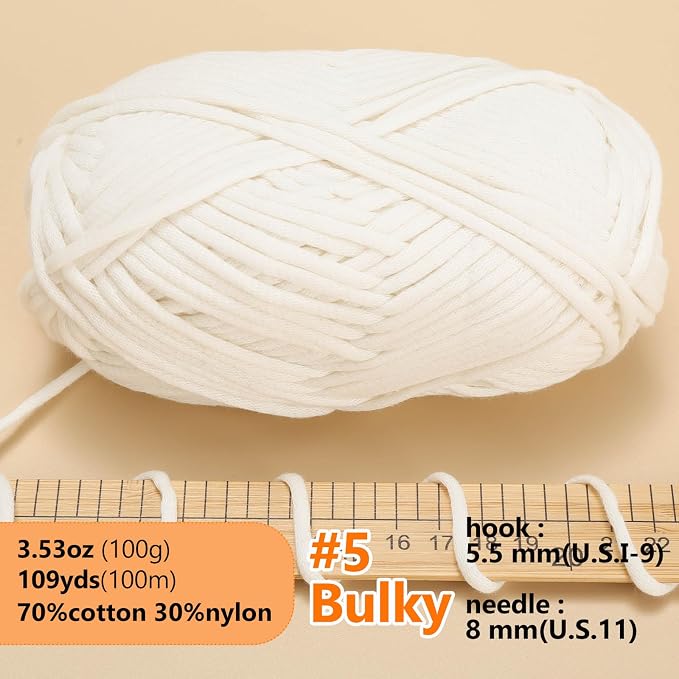 LUCKY BALL Yarn for Crocheting, 100g / 109 yd 70% Cotton 30% Nylon #5 Bulky Tube Yarn, Soft Crochet & Knitting Yarn for Bags, Hats, Socks, Sweaters, Blankets(White)