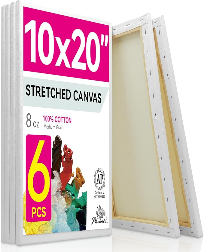 PHOENIX Long Stretched Canvas for Painting 10x20 Inch/6 Value Pack, 8 Oz Triple Primed 5/8 Inch Profile 100% Cotton White Blank Canvas, Rectangular Framed Canvas for Oil Acrylic & Pouring Art