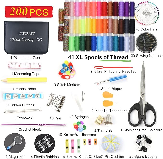 INSCRAFT Sewing Kit, 200 Premium Sewing Supplies, 41 XL Thread Spools, Suitable for Traveller, Adults, Beginner, Emergency, DIY and Home by INSCRAFT