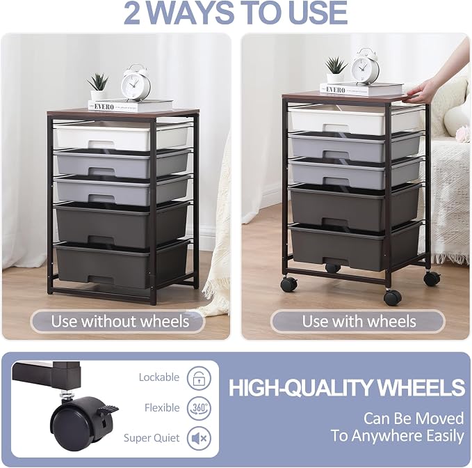 SYKIARIOL Utility Cart with Drawers,5 Drawers Storage Cart,Dark Grey | 5-Tiers Storage Cart with Drawers with Lockable Wheels for Craft Organizers and Storage,Home Office,Classroom,Dorm,Playroom
