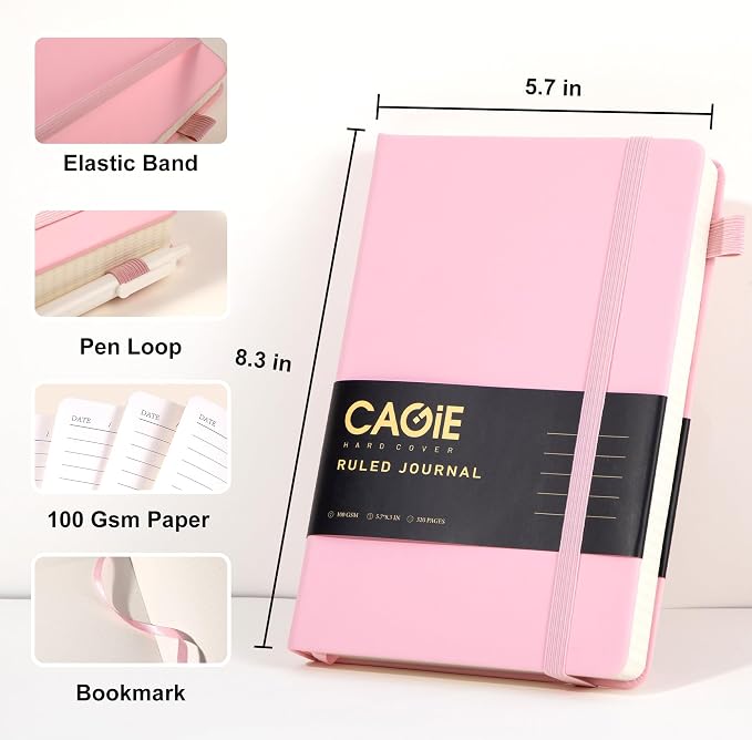 CAGIE Pink Journal Notebook for Women Leather Journaling Diary Daily, A5