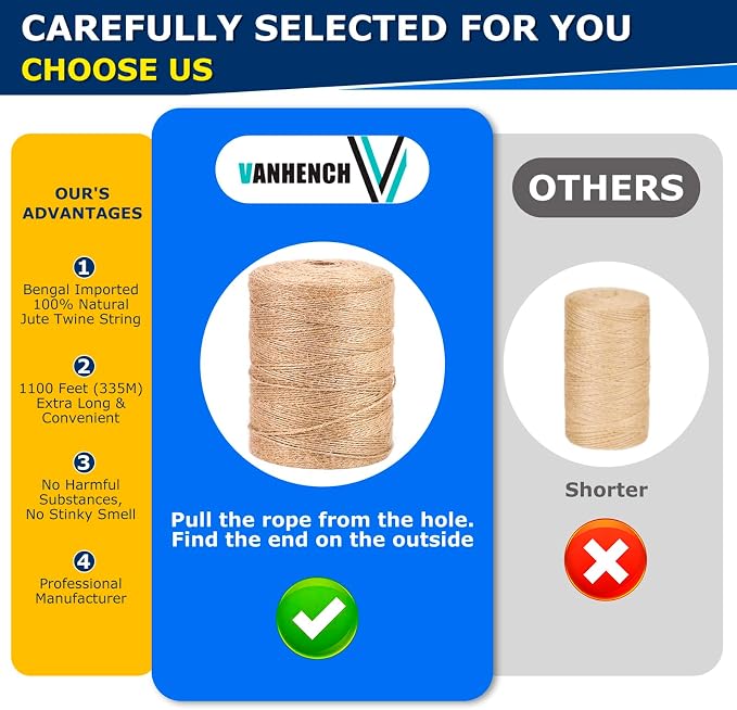 Vanhench Natural Jute Twine Rope 1/13" (2mm) x 1100FT | Jute String Cord for Crafts Gardening Garden Plant Gift Wrapping Arts & Crafts Packing Material Christmas Bulk Decorations