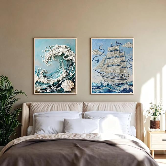 4 Packs Pearl Diamond Painting Kits for Adults Waves Sailboats 12 x 16 inch | Sea Wave Design, Diamond Art by Numbers, Special Shape Pearl Dots, DIY, Home Wall Decor