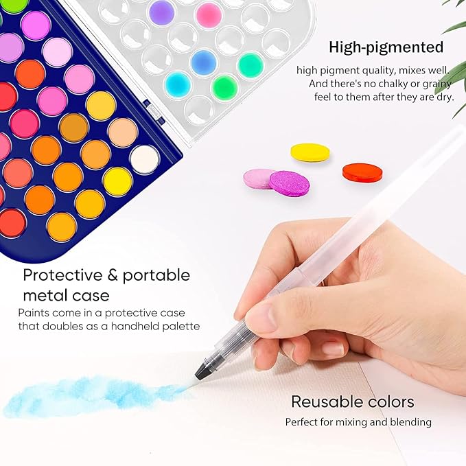 Paint Set, 48 Colors Non-toxic Watercolor Paint with a Brush Refillable a Water Brush Pen and Palette, Washable Water Color Paints Sets for Kids, Adults，and Artists