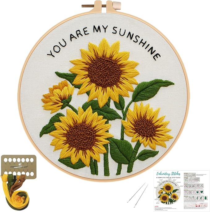 Nuberlic Sunflower Embroidery Kit for Beginners | Adults Starter Cross Stitch Kit DIY Needlepoint with Hoop, Pre-Printed Fabric, Threads & Step-by-Step Guide