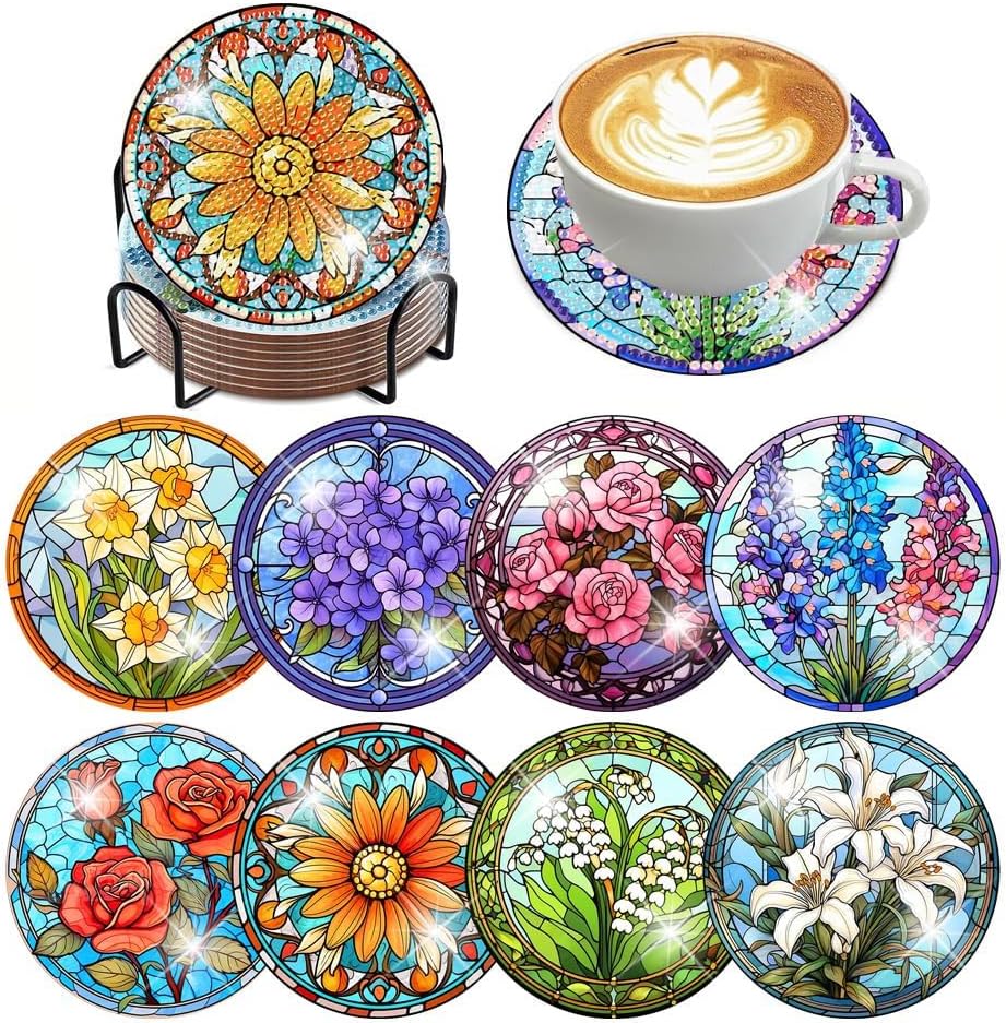 ijbnhd 8 PCS Flowers Diamond Art Coasters (Cork Wooden Pad)