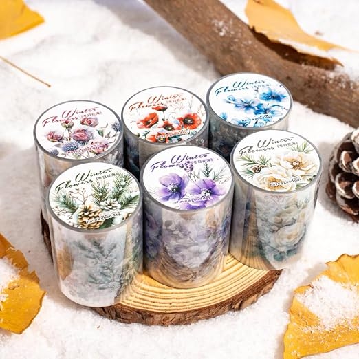 6 Rolls Colorful Winter Floral Washi Tape Set Snowflake Landscape Flower Washi Tapes Transparent PET Tape Stickers for Journaling Junk Journal Supplies Crafts Decorative Tapes Scrap Booking Supples