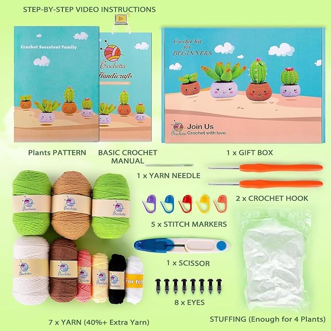 Crochetta Crochet Kit for Beginners - Crochet Starter Kit with Step-by-Step Video Tutorials, Learn to Crochet Kits for Adults and Kids, DIY Knitting Supplies, 4 Pack Plants Family(40%+ Yarn)