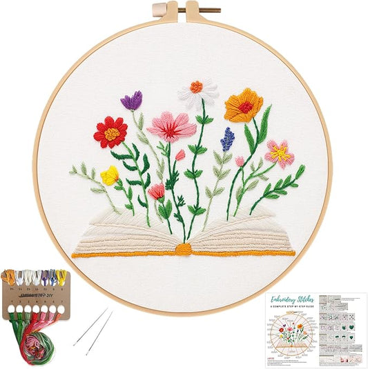 Louise Maelys Book & Flowers Embroidery Kit for Beginners Decor Craft Gift | Needlepoint Kit with Pre-Printed Fabric, Hoop, Needles, Color Threads & Detailed Guide, DIY Cross Stitch Kits for Women