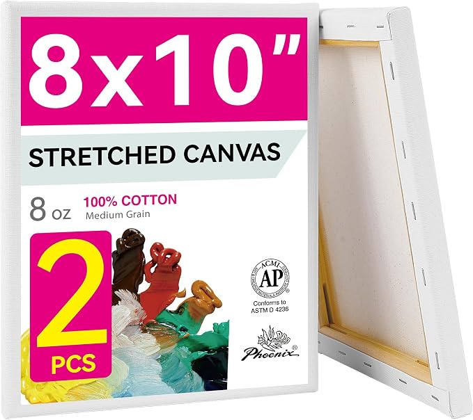 PHOENIX 8x10 Inch Pack of 2 Canvas - Stretched Canvases for Painting, 8 Oz Triple Primed 5/8 Inch Profile 100% Cotton White Blank Framed Canvas for Oil Acrylic & Pouring Art