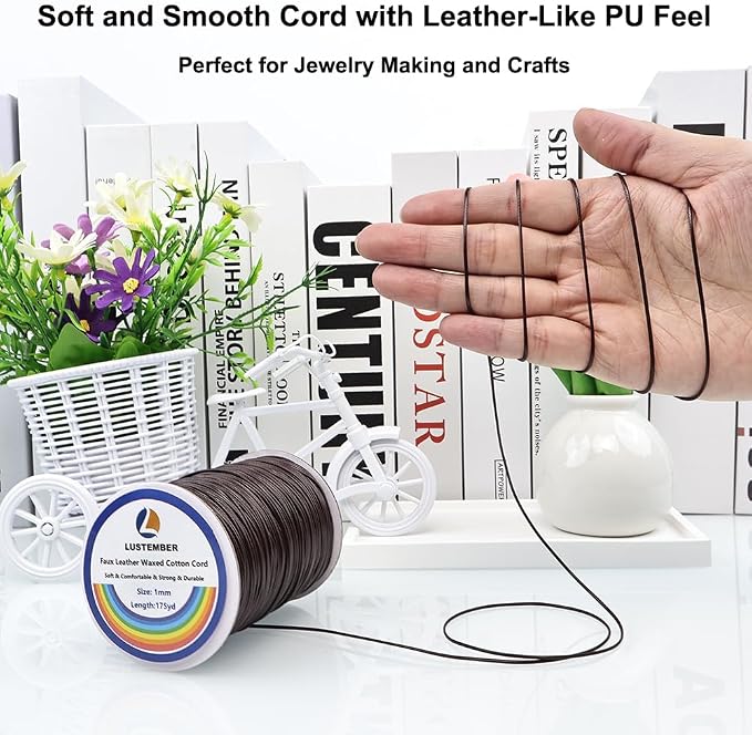 LUSTEMBER 1mm Faux Leather Waxed Cotton Cord, 175 Yards – Durable Necklace String, Soft and Textured Cord for Necklaces, Bracelets, and Jewelry Making