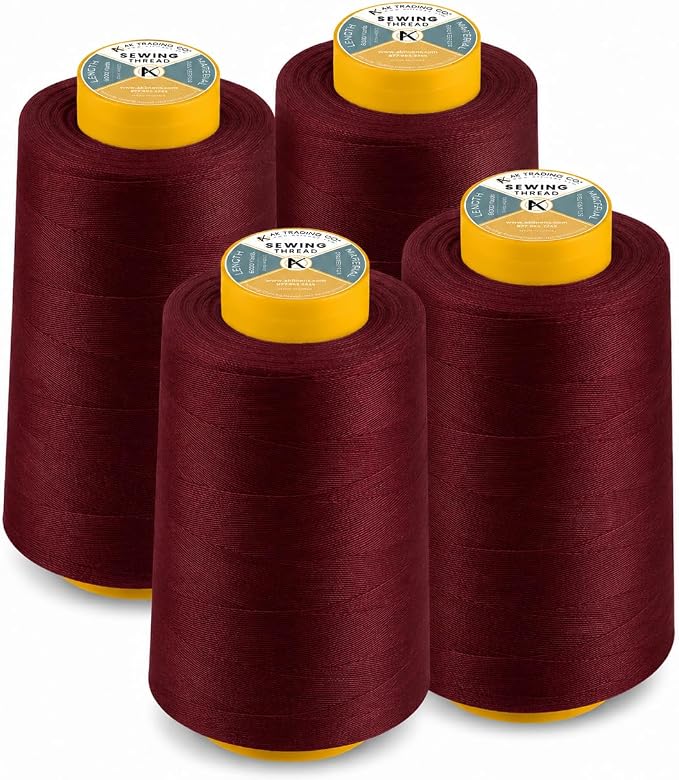 AK Trading 4-Pack Burgundy All Purpose Sewing Thread Cones (6000 Yards Each) of High Tensile Polyester Thread Spools for Sewing, Quilting, Serger Machines, Overlock, Merrow & Hand Embroidery.