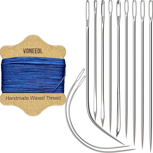Upholstery Repair Kit: Waxed Sewing Thread (Blue Color) & Heavy Duty Needles (11 PCS) for Leather, Canvas & Quilting Thread