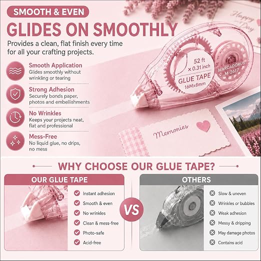 MARCADORUS Glue Tape Roller, Double Sided Tape Scrapbook 4 Pack Extra Long | 52Ft x 0.31In Per Roller, Clean Adhesive for Photos, Scrapbooking, Journaling, Card Making, Paper Crafts & Teacher Supplies
