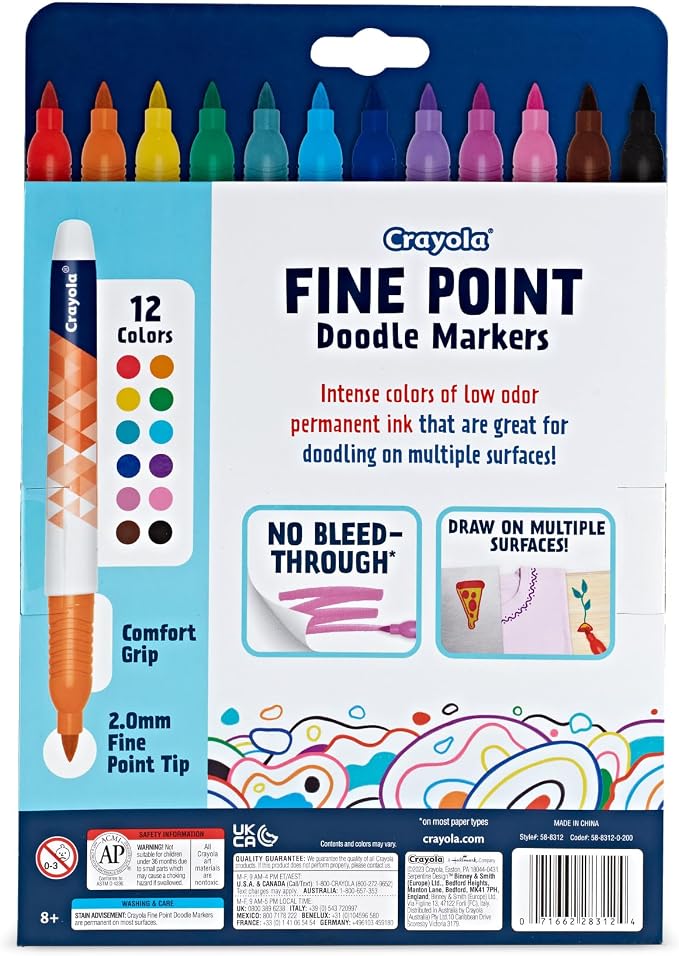 Crayola Fine Point Markers (12ct), No Bleed Fine Tip Markers for Adult Coloring, Art Marker Set, Calligraphy & Drawing Art Supplies