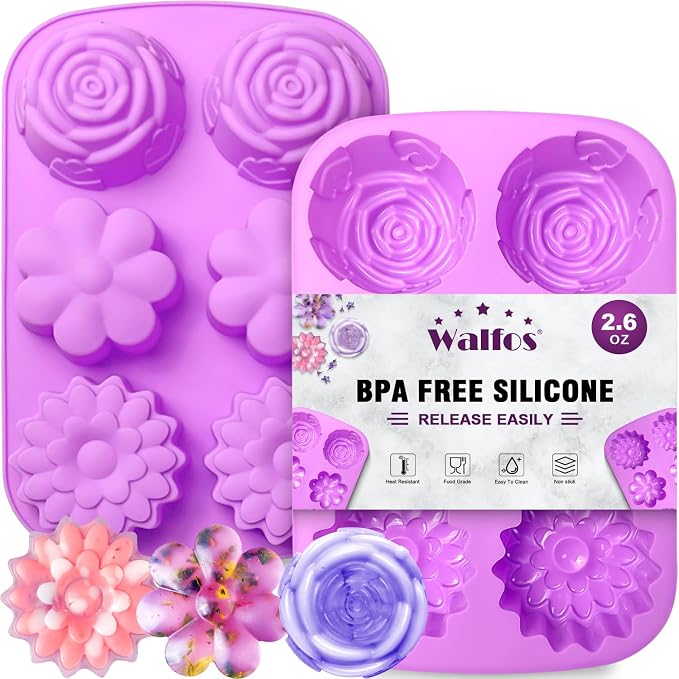 Walfos Silicone Flower Soap Mold,6 Cavities Different Flower Shapes Soap Mold BPA Free.Perfect for Homemade Craft Soap,Ice,Mousse,Cake,Jelly,Chocolate.(2pcs Purple)
