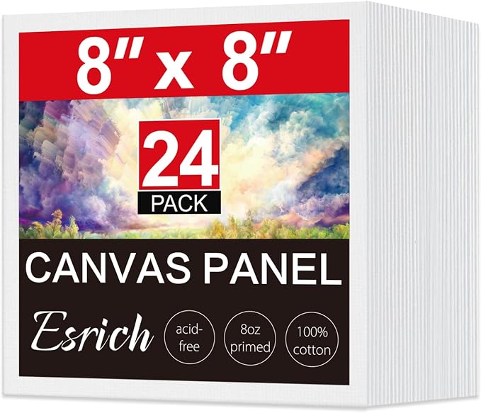 ESRICH Canvas for Painting, 24 Pack Square Canvas Boards for Painting 8x8 Cotton Primed Acid Free Blank Canvas Panels for Oil Paint, Watercolor, Acrylic Paint, Gouache and Tempera.