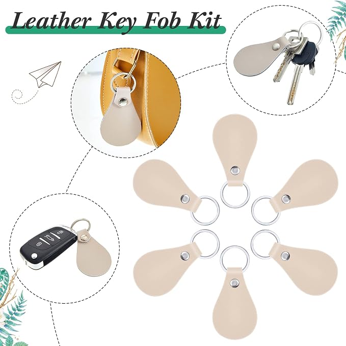 Taiyin 30 Pcs Leather Key Fob Kit PU Leather Keychain Blanks, Beige