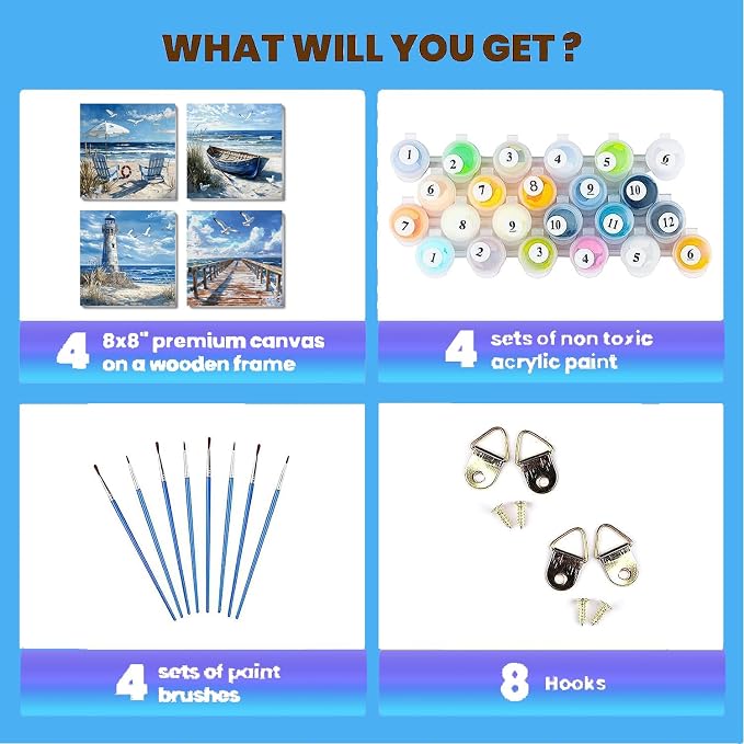 Clendo 4 Pack Beach Paint by Numbers Kit for Adults Beginners Framed - DIY Coast Adults Paint by Numbers Kits on Canvas, Small Easy Acrylic Oil Painting for Home Wall Decor (8 x 8 Inch)