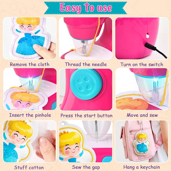 TUZT Mini Sewing Machine Toy Kit for Kids Beginners, 22pcs Portable Electric Sewing Machine with Sewing Kit, Light and Finger Guard, Birthday Christmas Gift for Kids Girls 4-12