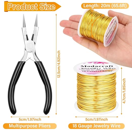 Modacraft 18 Gauge Gold Jewelry Wire & 4-in-1 Pliers Kit - 65FT Tarnish Resistant Copper Craft Wire (1.0mm) for Wire Wrapping, DIY Jewelry Making, Christmas Ornaments & Holiday Decorations