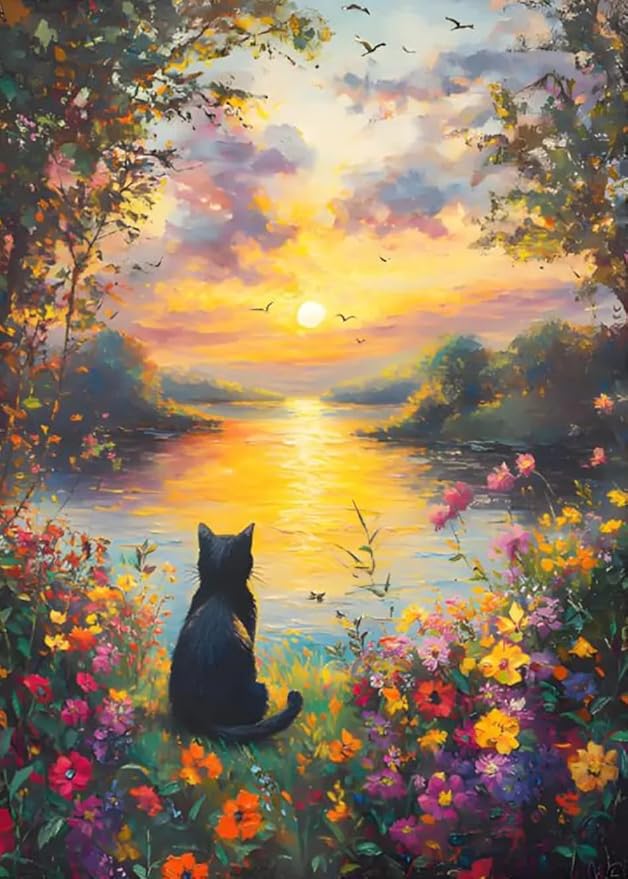 GEWOUVIN Black Cat Diamond Art Kits for Adults, Flower Diamond Painting Kit for Beginners, Round 5D DIY Dimond Art,Full Drill Painting Kit Art and Crafts for Adults Home Wall Decor【11.8x15.7inch】