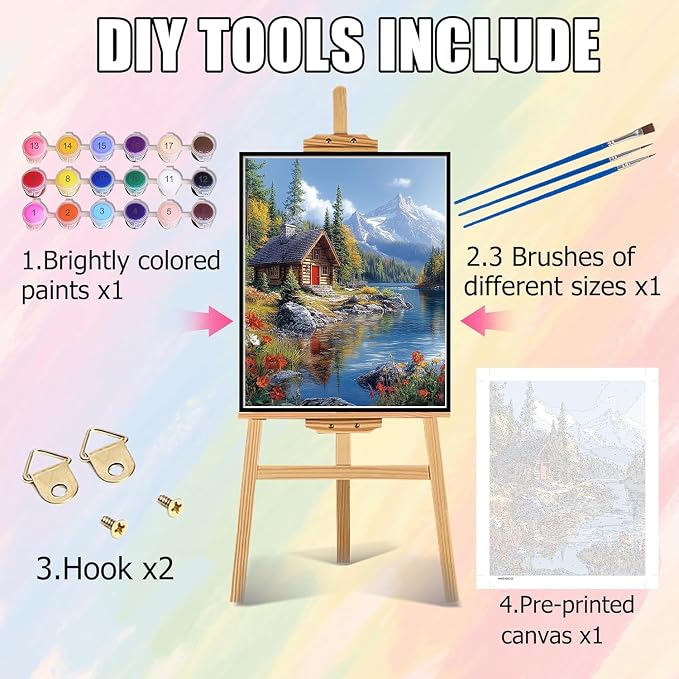 Paint by Numbers Kit for Adults, Landscape Mountain Paint by Numbers Kits | Lakeside Cabin Adult Paint by Number Kits on Canvas,DIY Acrylic Oil Easy Mountain Painting by Numbers for Home Decor 16X20 in