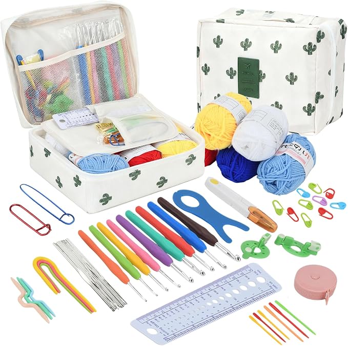 BJSSBJH Crochet Tools and Supplies Set, 57-Piece Crochet Hook Kit with Yarn and Accessories, Portable Craft Tool Kit for Adult Beginners and Experienced Crafters (C Style)