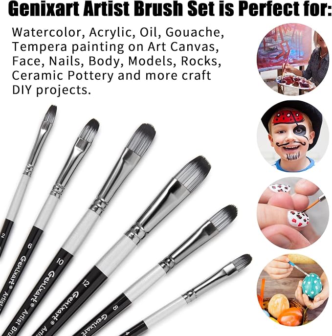 Genixart Filbert Paint Brush Set - Art Paintbrushes Acrylic Oil Watercolor