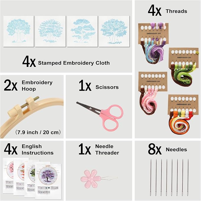 Sivilife Embroidery Starter Kit for Beginners, 4 Sets Stamped Cross Stitch Kits for Adult, Seasonal Tree Pattern Hand DIY Kits with 2 Embroidery Hoop Instructions Color Threads Needles and Scissor