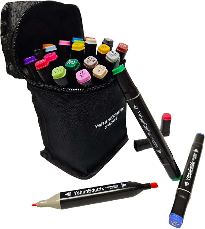 24 Colors Alcohol Markers Set, Dual Tip Art Markers with Colorless Blender, Small Travel Adult Coloring Markers for Drawing, Coloring Books & Manga