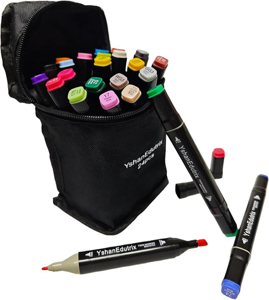 24 Colors Alcohol Markers Set, Dual Tip Art Markers with Colorless Blender, Small Travel Adult Coloring Markers for Drawing, Coloring Books & Manga