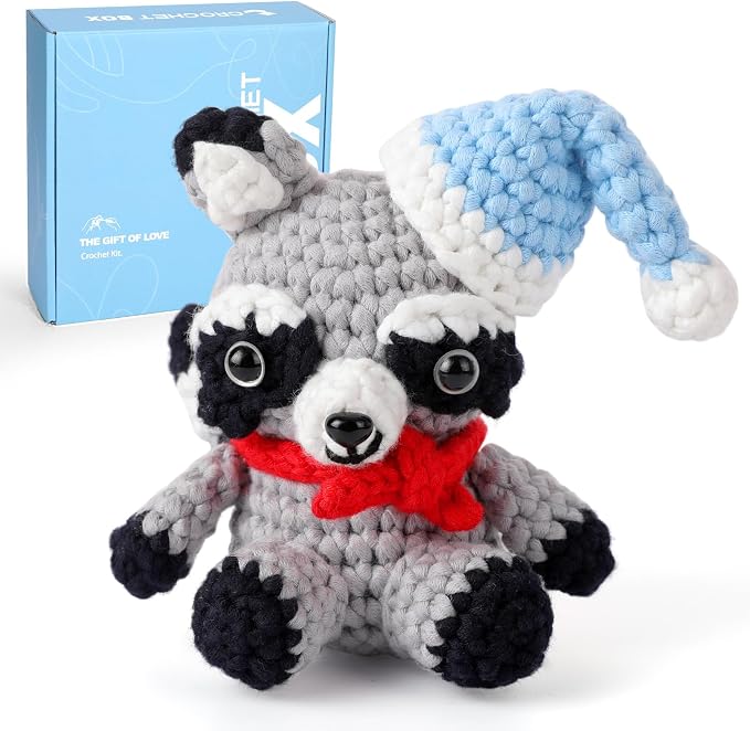 CrochetBox Crochet Kit for Beginners Adults - Raccoon Starters Crochet Kit, Beginners Crocheting Kitting for Adults Teen, Craft Gifts with Crochets Yarns, Hook, Step-by-Step Video, Instruction