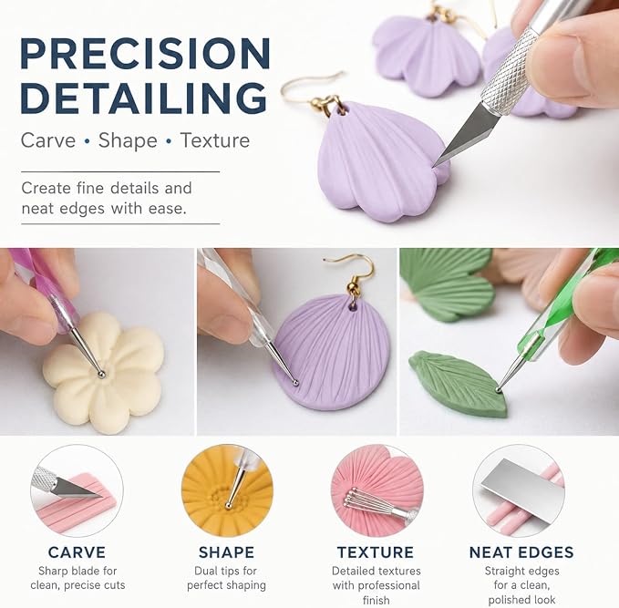 DIYOOHOMY 18 Pcs Polymer Clay Tools Kit, Rolling Pin with Thickness Rings | Air Dry Clay Jewelry Earring Making Set Sculpting, Small Acrylic Roller, Dotting, Tissue Blades Cutters Craft Knife, Needle