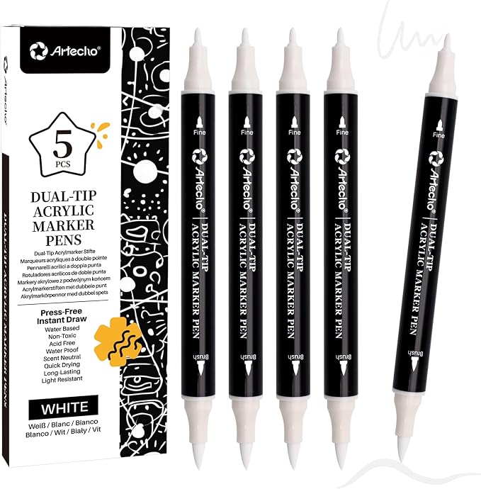 Artecho Dual Tip Acrylic Paint Pen White 5pcs set-Fine Tip and Brush Tip