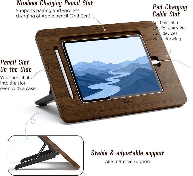 AFOOYO Bamboo Tablet Drawing Stand Tablet Holder - Portable & Adjustable 5 Angles,Laptop Stands Riser,Compatible with 12.9/13 inch iPad Pro-3rd-7th Gen(Walnut Varnish)